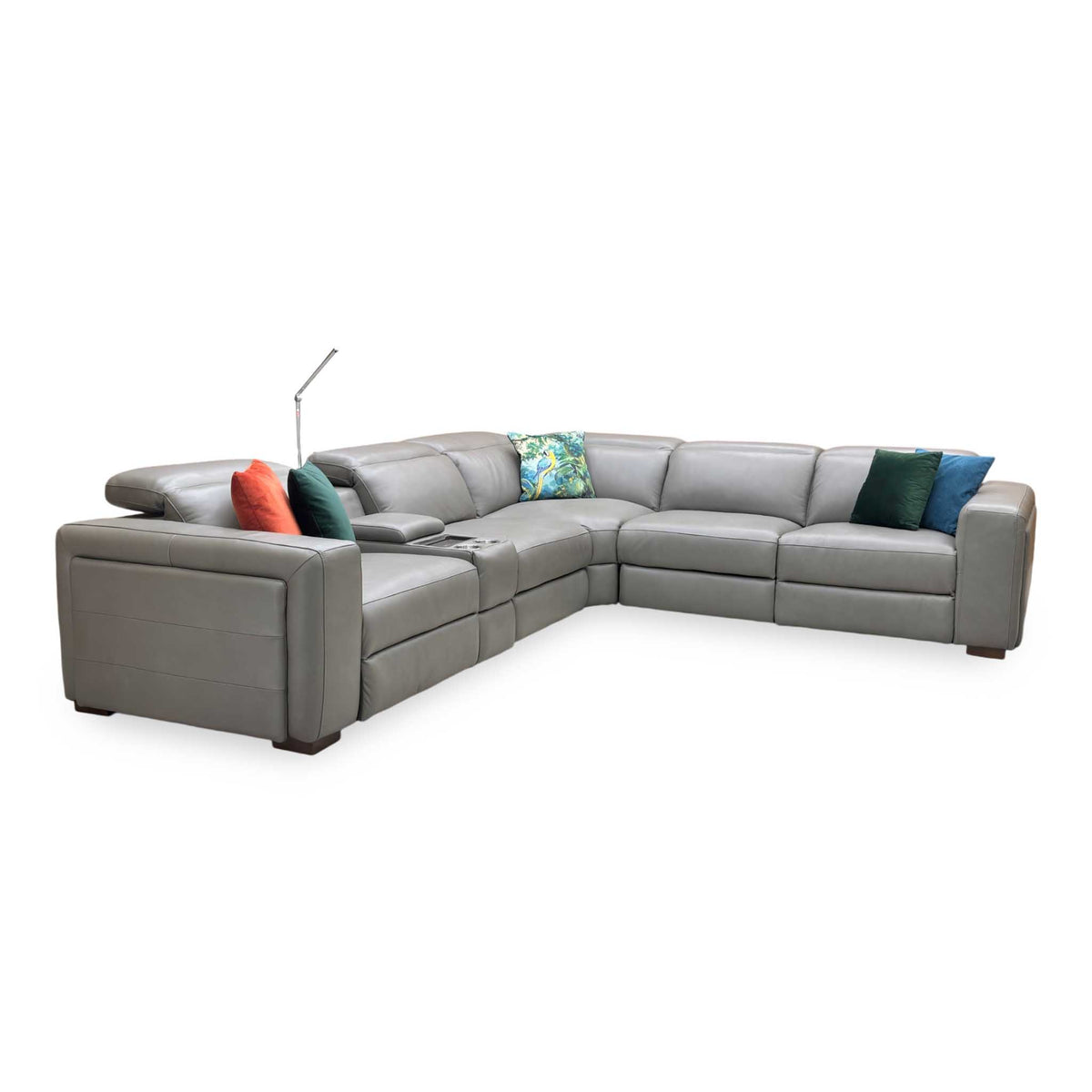 Ankara mushroom grey leather corner sofa, angled view from the left-hand end with the lamp over the console
