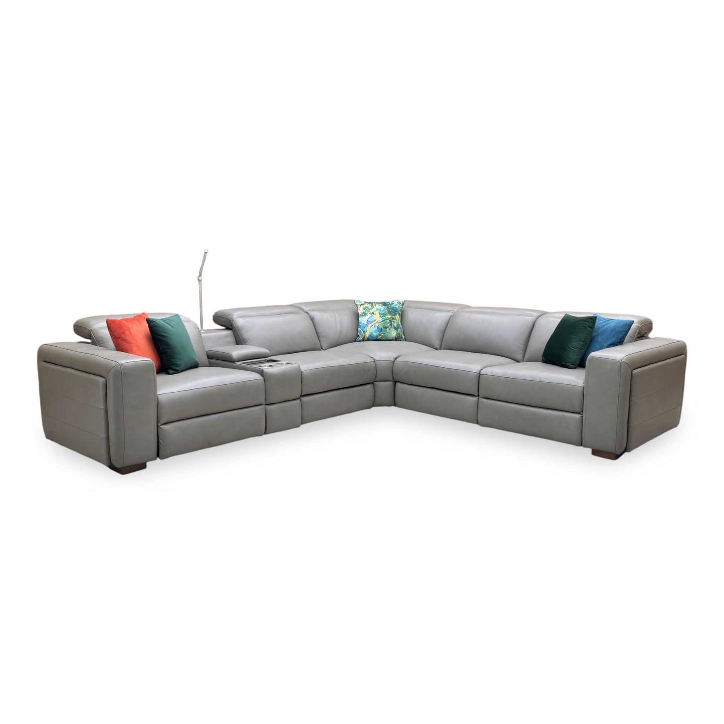 ‘Ankara’ Mushroom Grey Leather Large Modular Power Recliner Corner Sofa with Storage, Cup holders, Wireless Charging and Reading Light Direct From Manufacturer