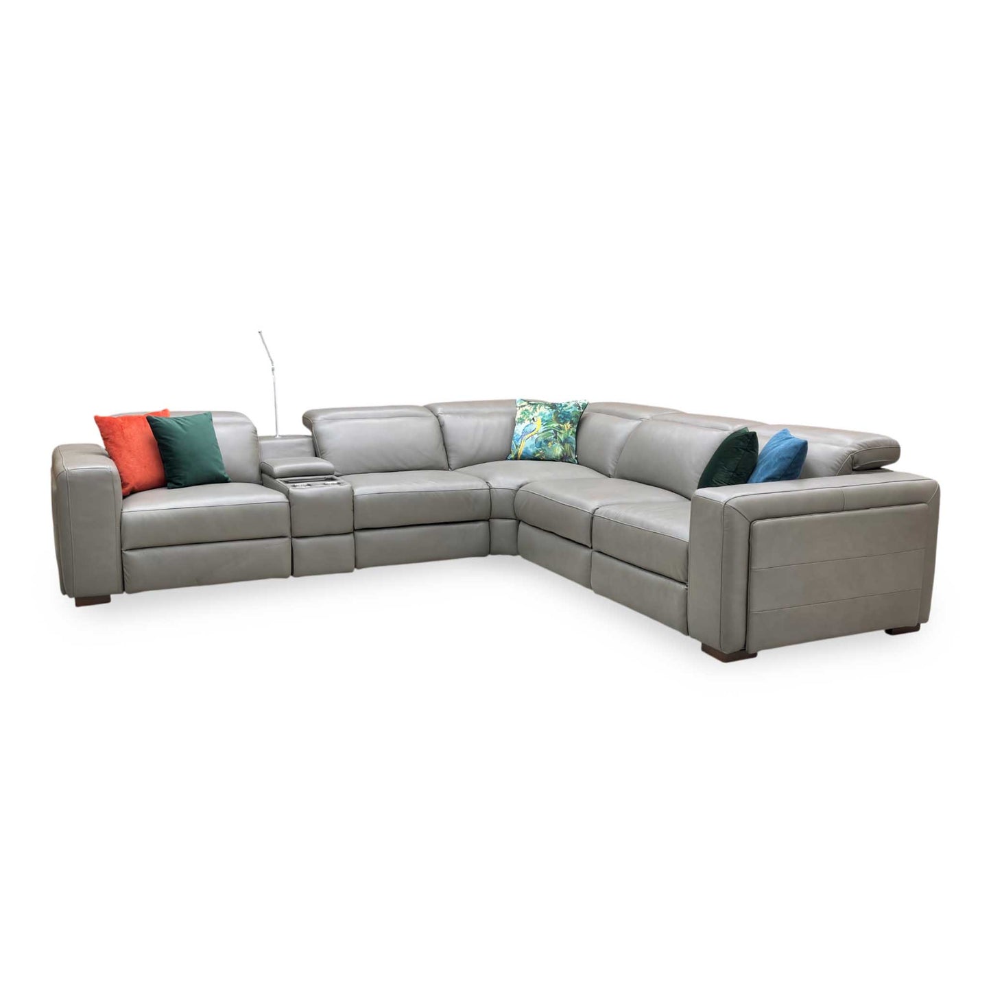 ‘Ankara’ Mushroom Grey Leather Large Modular Power Recliner Corner Sofa with Storage, Cup holders, Wireless Charging and Reading Light Direct From Manufacturer