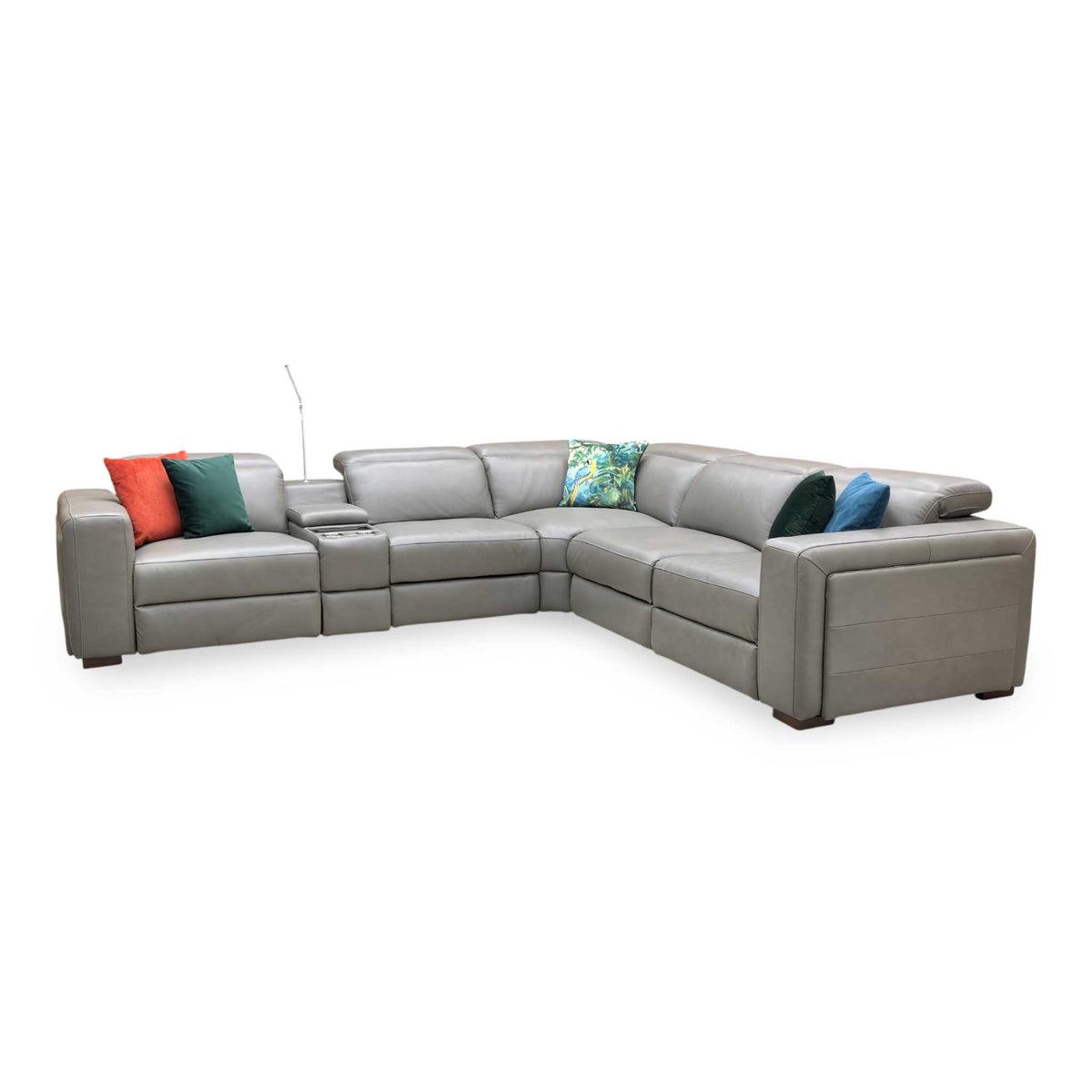 Ankara mushroom grey leather corner sofa, angled view from the right-hand end with the chrome reading light