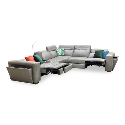 ‘Ankara’ Mushroom Grey Leather Large Modular Power Recliner Corner Sofa with Storage, Cup holders, Wireless Charging and Reading Light Direct From Manufacturer