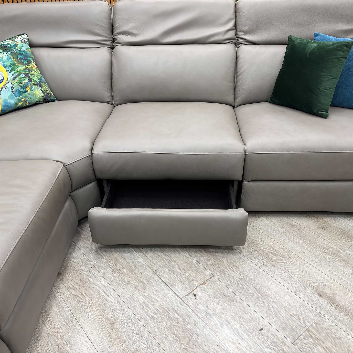 ‘Ankara’ Mushroom Grey Leather Large Modular Power Recliner Corner Sofa with Storage, Cup holders, Wireless Charging and Reading Light Direct From Manufacturer