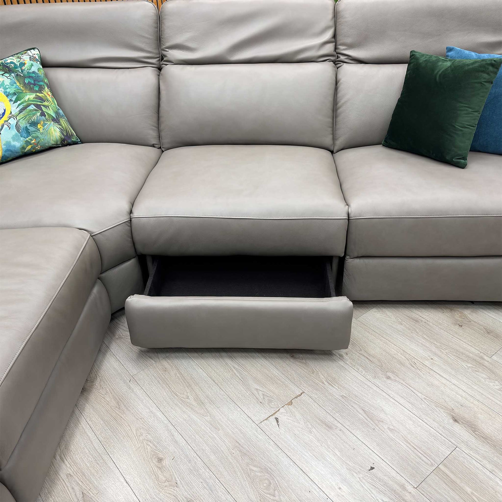 ‘Ankara’ Mushroom Grey Leather Large Modular Power Recliner Corner Sofa with Storage, Cup holders, Wireless Charging and Reading Light Direct From Manufacturer
