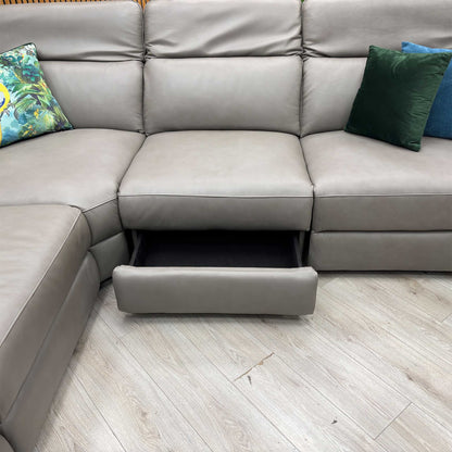 ‘Ankara’ Mushroom Grey Leather Large Modular Power Recliner Corner Sofa with Storage, Cup holders, Wireless Charging and Reading Light Direct From Manufacturer