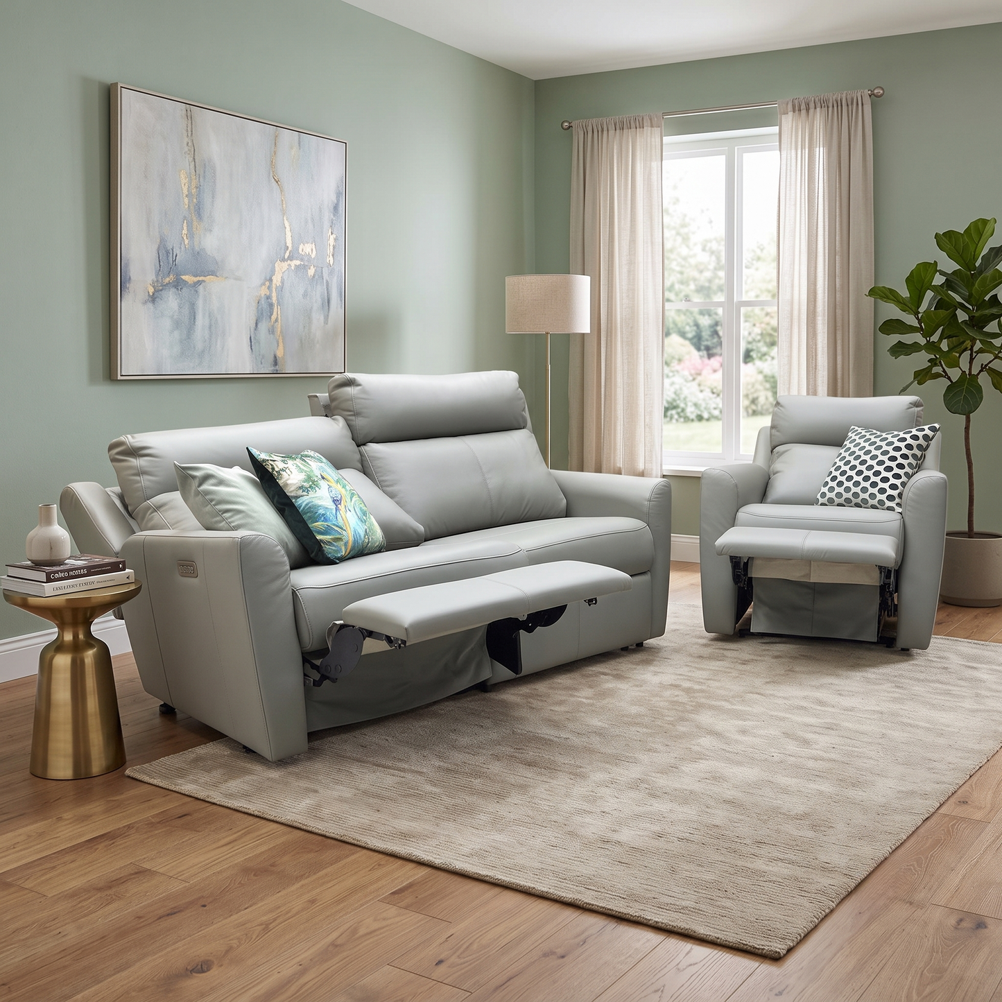 G Plan ‘Wren’ L858 Cambridge Olive Green Leather 2 Cushion 3 Seater Power Recliner Sofa with Power Headrests and Power Lumbar + Power Chair Furniture Village