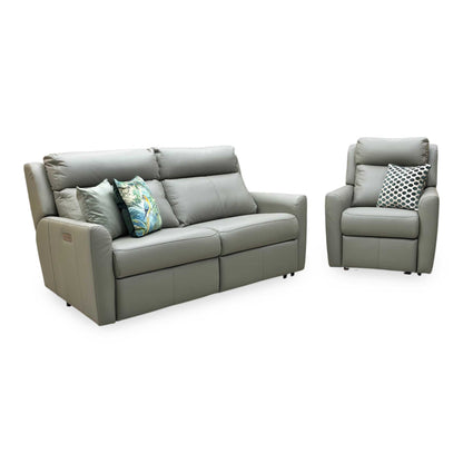 G Plan ‘Wren’ L858 Cambridge Olive Green Leather 2 Cushion 3 Seater Power Recliner Sofa with Power Headrests and Power Lumbar + Power Chair Furniture Village