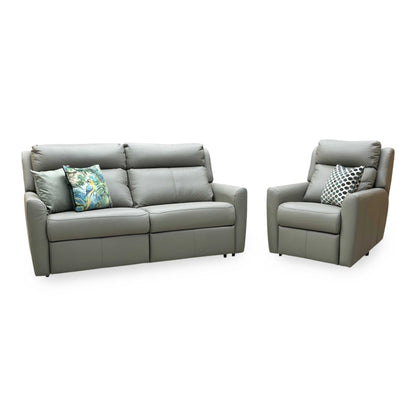 G Plan ‘Wren’ L858 Cambridge Olive Green Leather 2 Cushion 3 Seater Power Recliner Sofa with Power Headrests and Power Lumbar + Power Chair Furniture Village