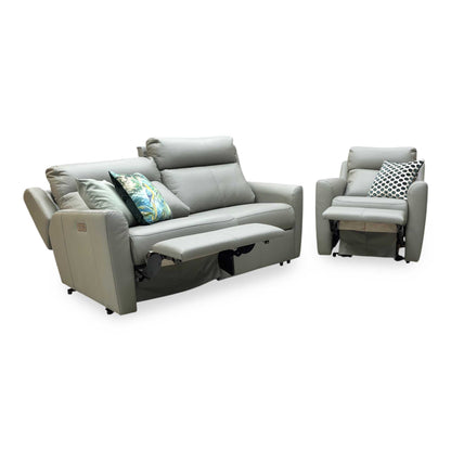 G Plan ‘Wren’ L858 Cambridge Olive Green Leather 2 Cushion 3 Seater Power Recliner Sofa with Power Headrests and Power Lumbar + Power Chair Furniture Village