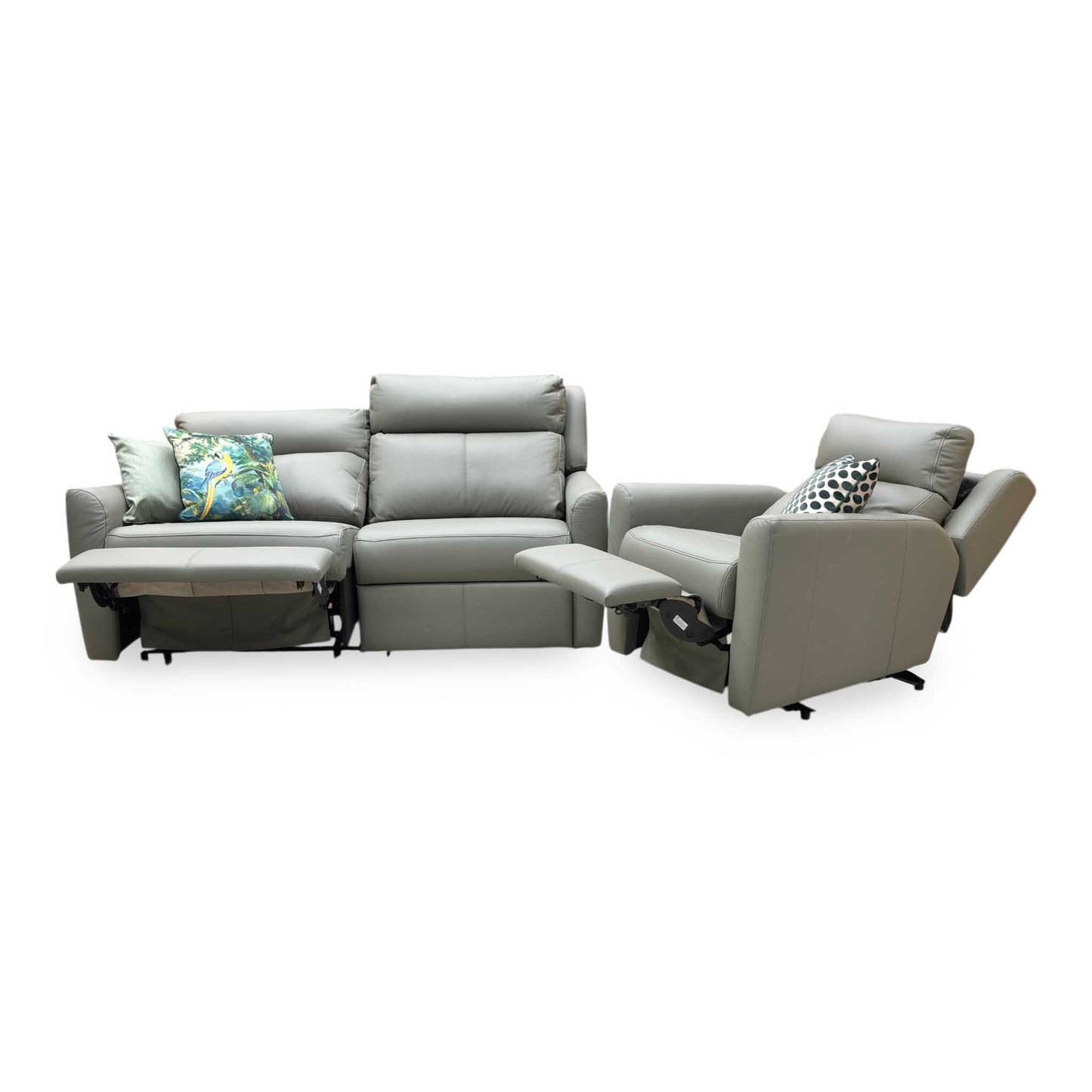 G Plan ‘Wren’ L858 Cambridge Olive Green Leather 2 Cushion 3 Seater Power Recliner Sofa with Power Headrests and Power Lumbar + Power Chair Furniture Village