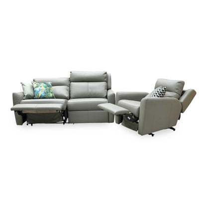 G Plan ‘Wren’ L858 Cambridge Olive Green Leather 2 Cushion 3 Seater Power Recliner Sofa with Power Headrests and Power Lumbar + Power Chair Furniture Village