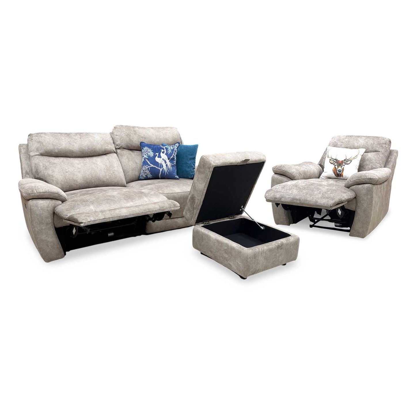 'Sloane' Marble Charcoal Grey Velvet Fabric 3 Seater Power Recliner + Power Chair Sofa Set Furniture Village