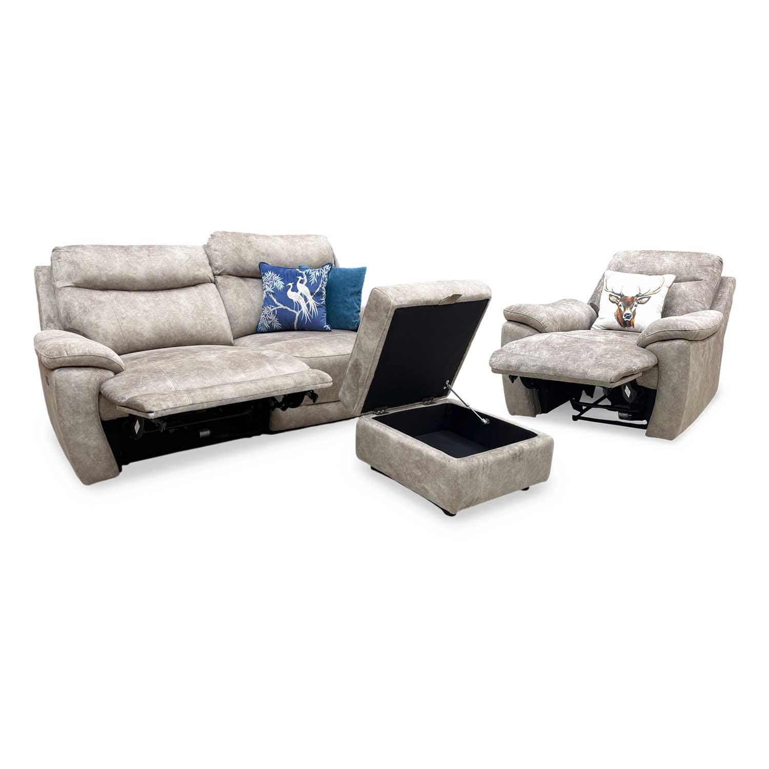 'Sloane' Marble Charcoal Grey Velvet Fabric 3 Seater Power Recliner + Power Chair Sofa Set Furniture Village