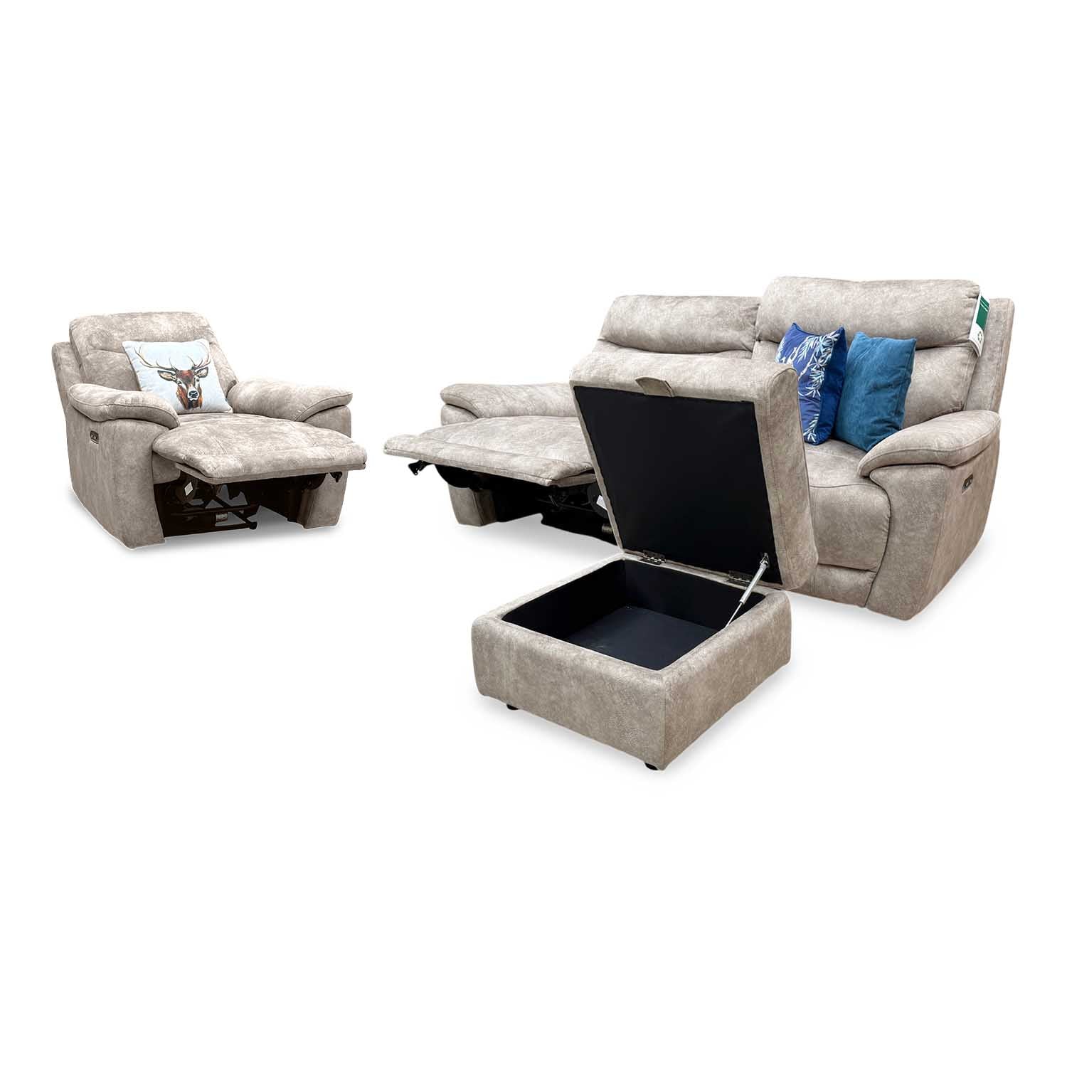 'Sloane' Marble Charcoal Grey Velvet Fabric 3 Seater Power Recliner + Power Chair Sofa Set Furniture Village