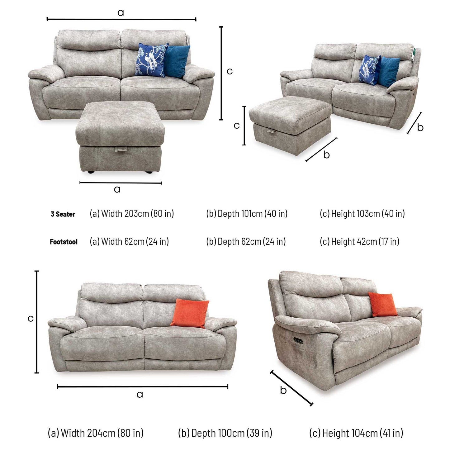 'Sloane' Marble Charcoal Grey Velvet Fabric 3 + 3 Seater Power Recliner with Storage Footstool Sofa Set