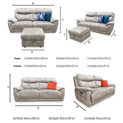 'Sloane' Marble Charcoal Grey Velvet Fabric 3 + 3 Seater Power Recliner with Storage Footstool Sofa Set