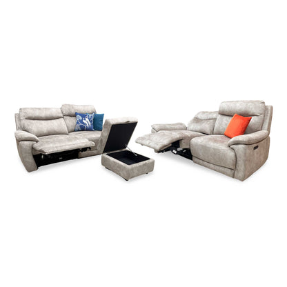 'Sloane' Marble Charcoal Grey Velvet Fabric 3 + 3 Seater Power Recliner with Storage Footstool Sofa Set