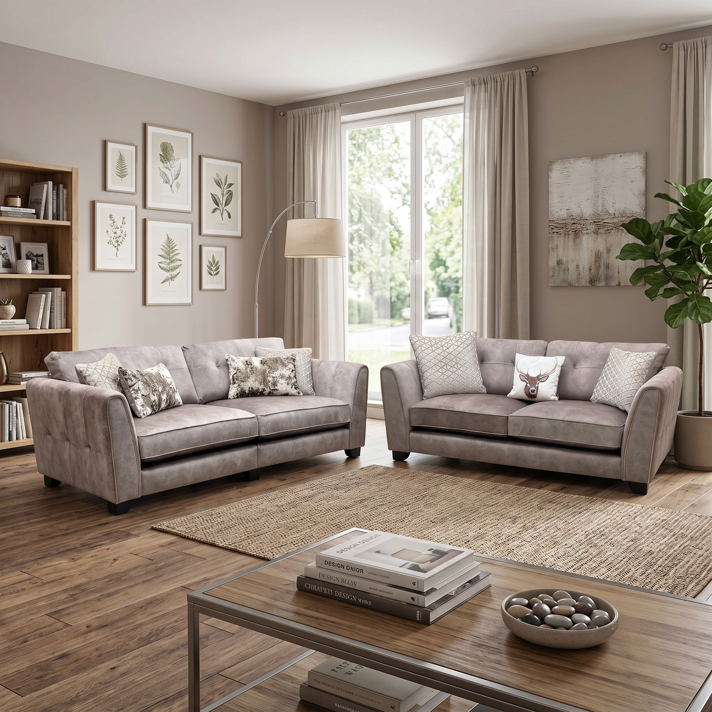 'Mariah' 4 Seater Split Frame + 3 Seater Classic Back Dapple Chocolate-Tri Brass Insert Velvet Fabric Sofa Set Furniture Village