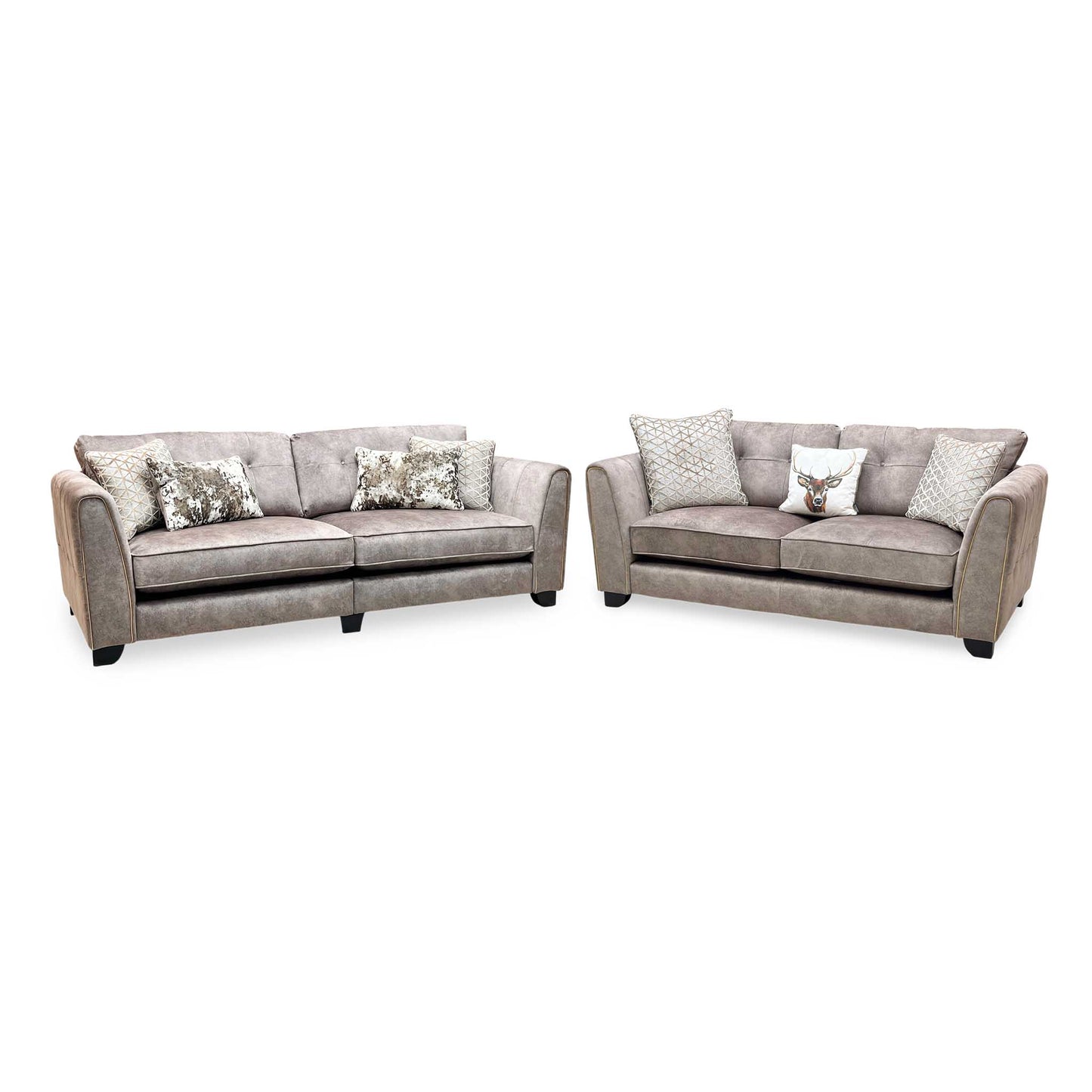 'Mariah' 4 Seater Split Frame + 3 Seater Classic Back Dapple Chocolate-Tri Brass Insert Velvet Fabric Sofa Set Furniture Village