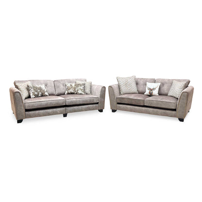 'Mariah' 4 Seater Split Frame + 3 Seater Classic Back Dapple Chocolate-Tri Brass Insert Velvet Fabric Sofa Set Furniture Village