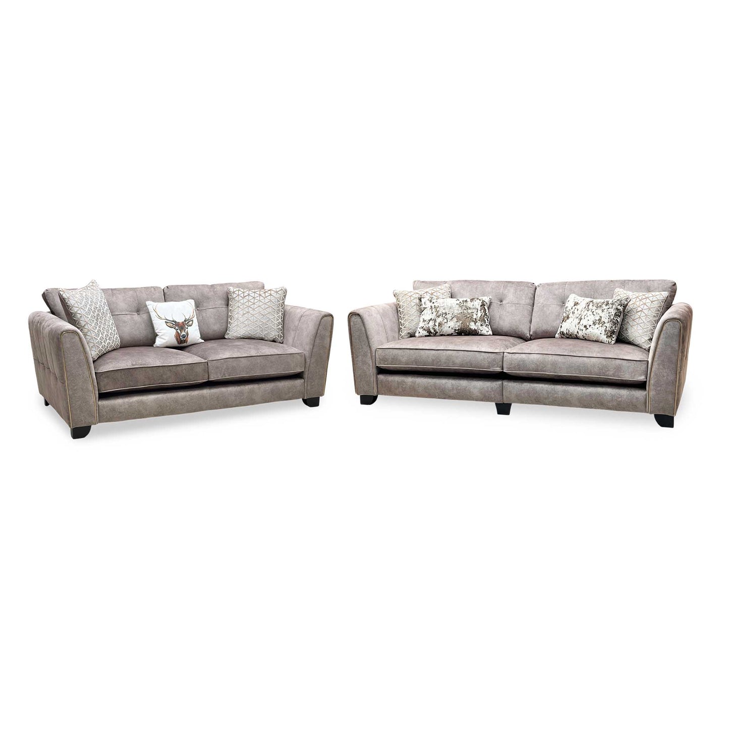 'Mariah' 4 Seater Split Frame + 3 Seater Classic Back Dapple Chocolate-Tri Brass Insert Velvet Fabric Sofa Set Furniture Village