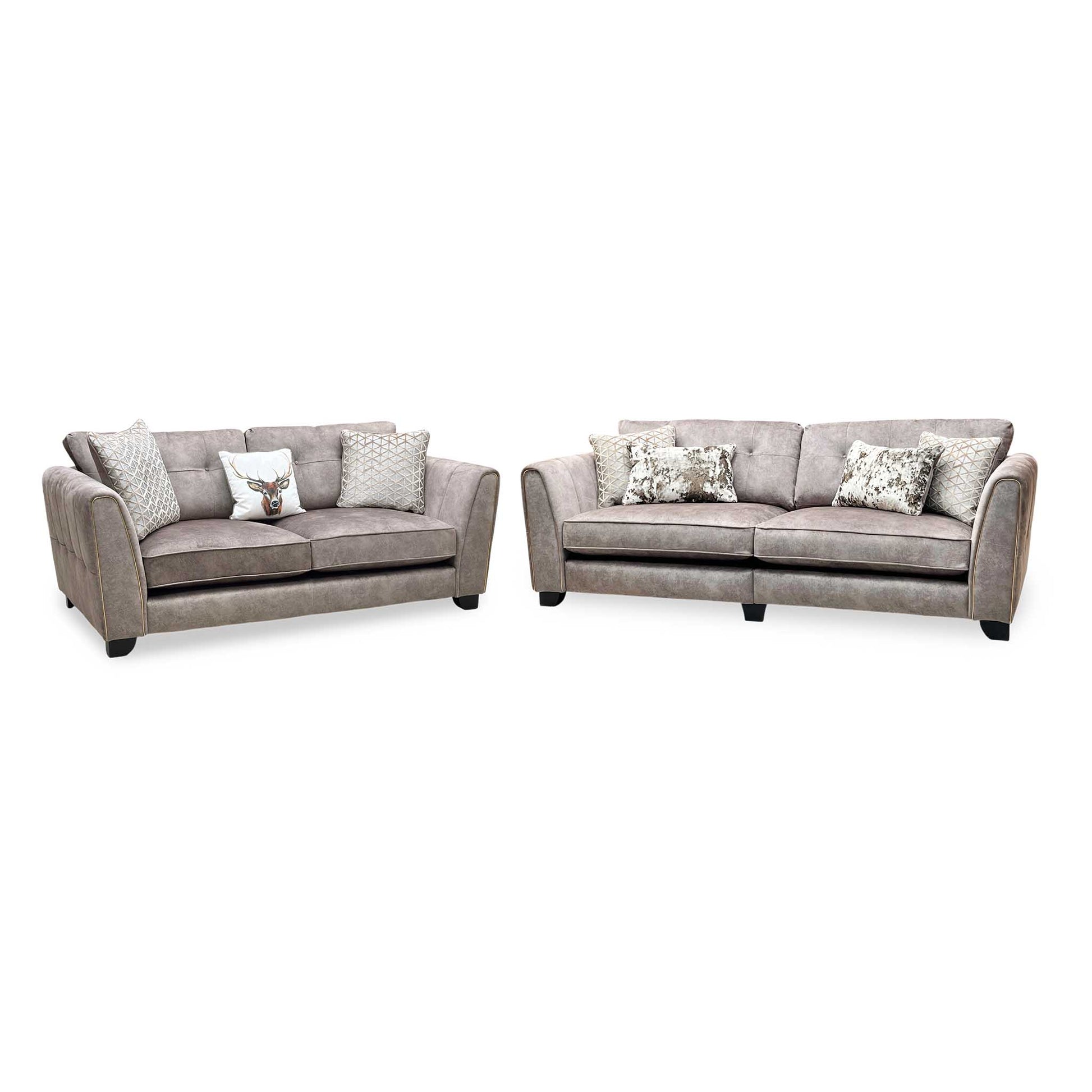 'Mariah' 4 Seater Split Frame + 3 Seater Classic Back Dapple Chocolate-Tri Brass Insert Velvet Fabric Sofa Set Furniture Village