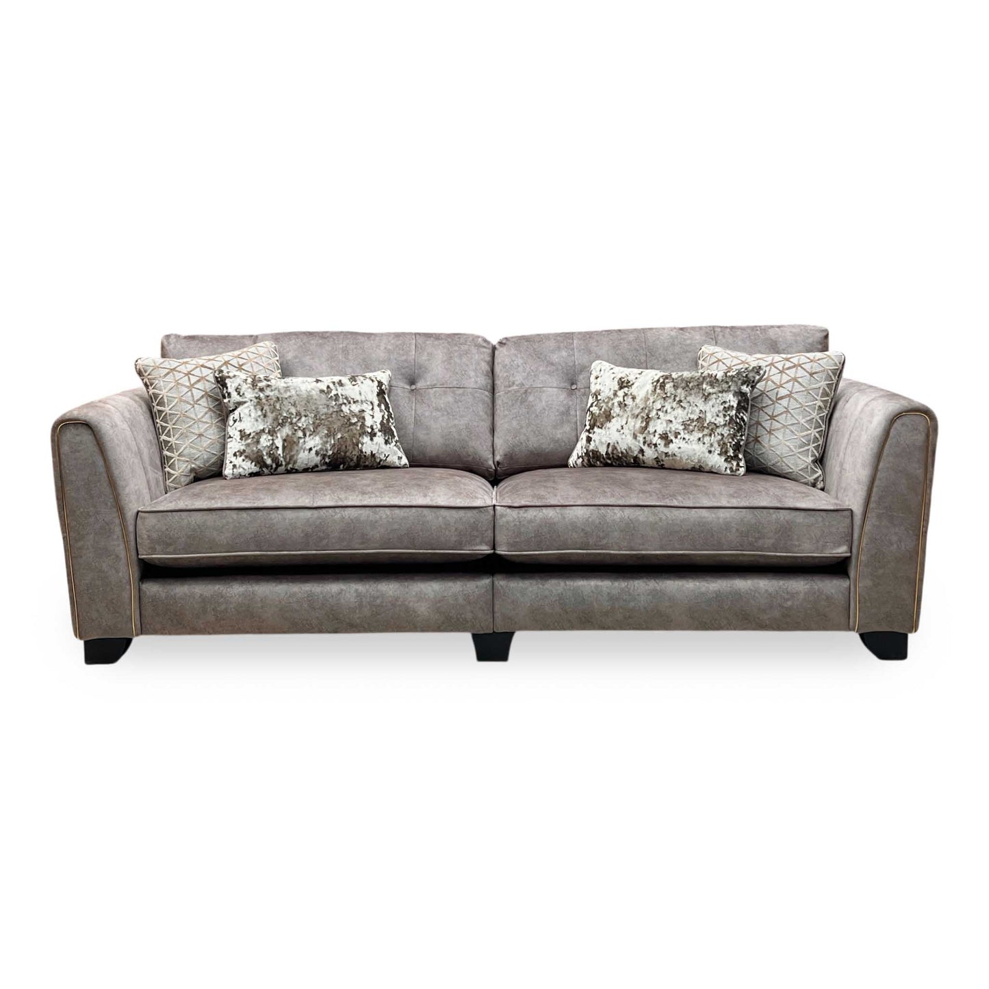 'Mariah' Dapple Velvet Chocolate-Tri Brass Insert Velvet Pillow Back 4 Seater Split Frame Sofa Furniture Village