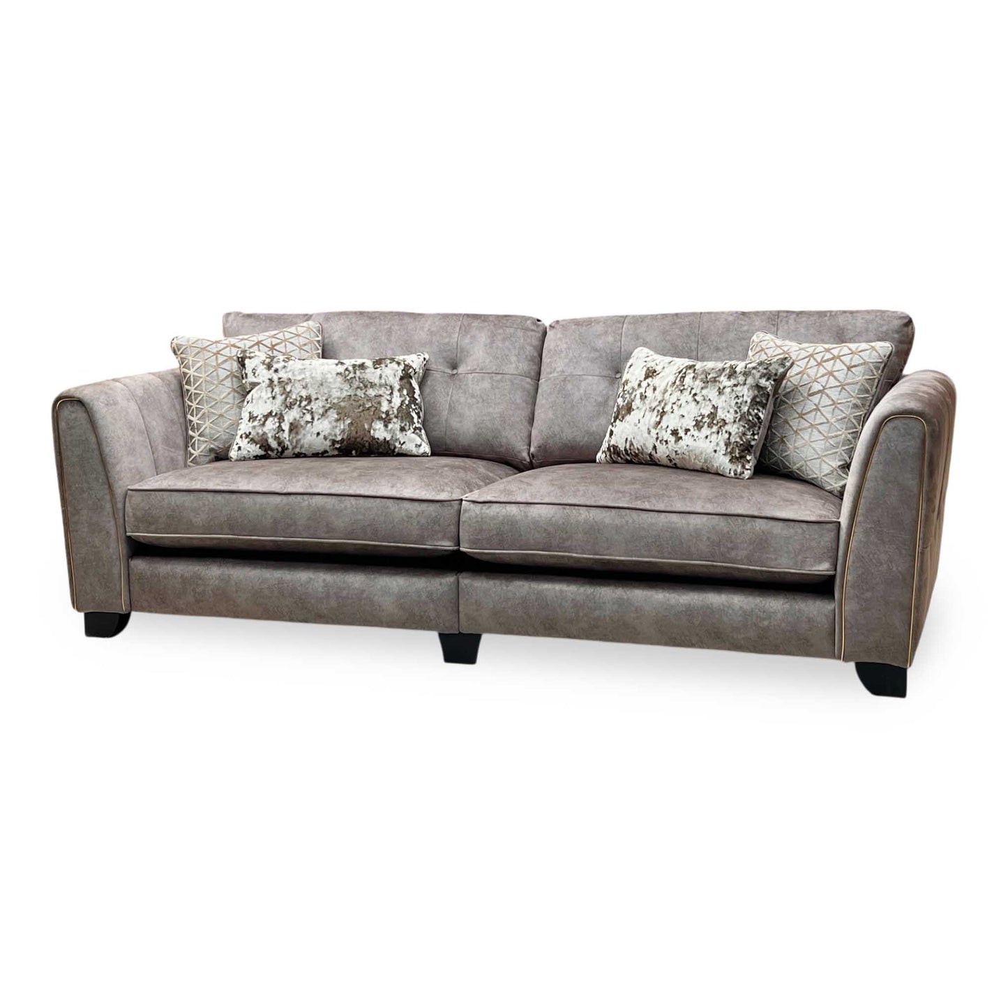 'Mariah' Dapple Velvet Chocolate-Tri Brass Insert Velvet Pillow Back 4 Seater Split Frame Sofa Furniture Village