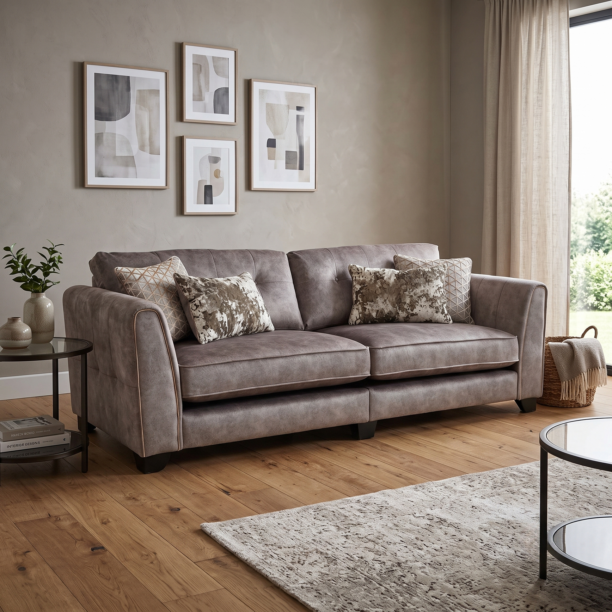 'Mariah' Dapple Velvet Chocolate-Tri Brass Insert Velvet Pillow Back 4 Seater Split Frame Sofa Furniture Village