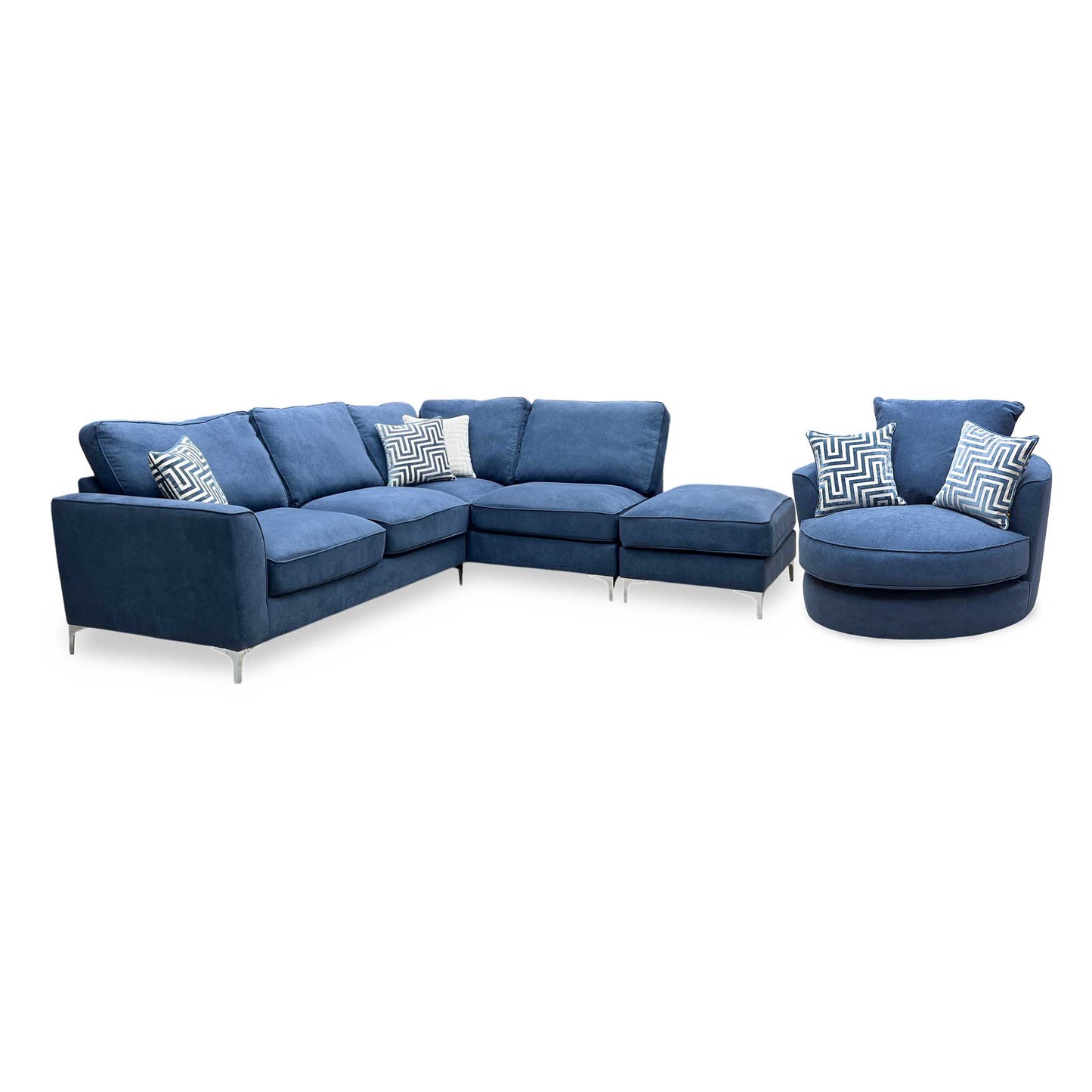 'Legend' Cosmo Navy Fabric Right Hand Facing Classic Back Corner Sofa + Swivel Chair Sofa Set