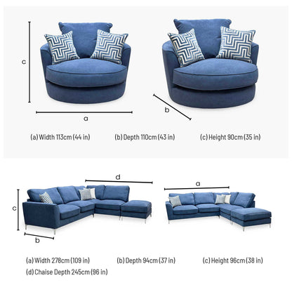 'Legend' Cosmo Navy Fabric Right Hand Facing Classic Back Corner Sofa + Swivel Chair Sofa Set
