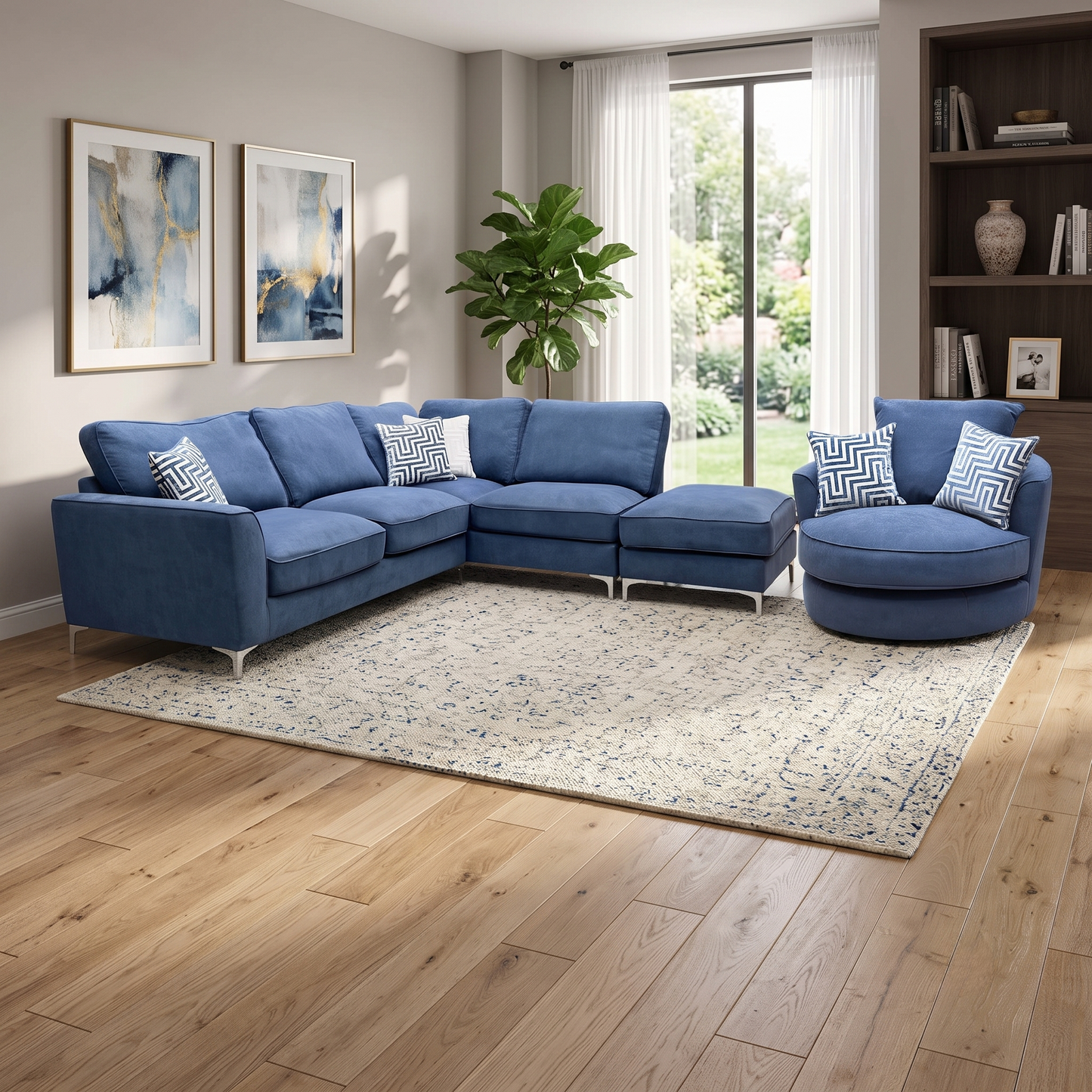 'Legend' Cosmo Navy Fabric Right Hand Facing Classic Back Corner Sofa + Swivel Chair Sofa Set