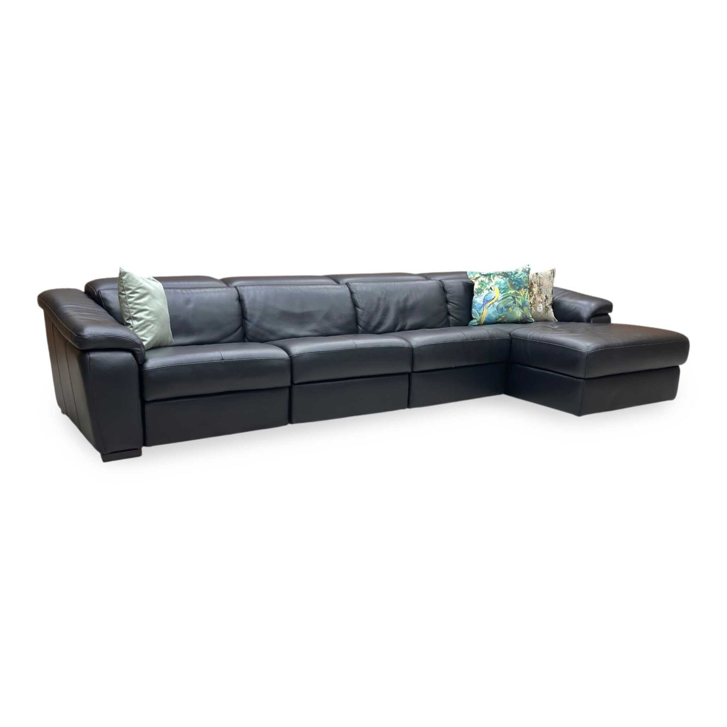 Nicoletti ‘Galileo’ Botero Nero Black Leather Right Hand Facing Power Recliner Chaise End Sofa with Power Headrests + Armless Unit