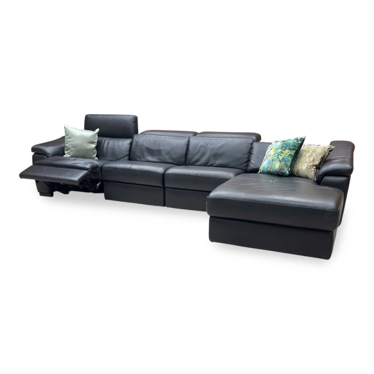 Nicoletti ‘Galileo’ Botero Nero Black Leather Right Hand Facing Power Recliner Chaise End Sofa with Power Headrests + Armless Unit