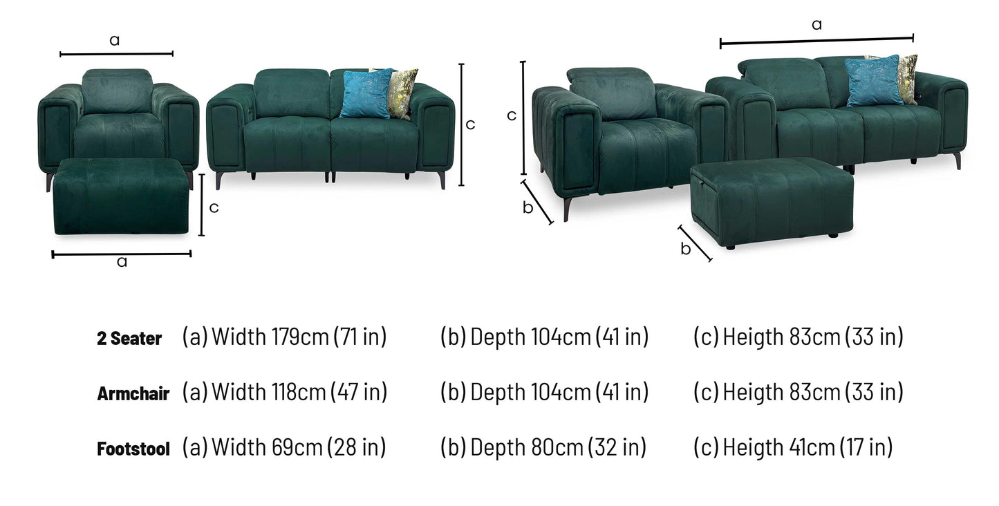 'Elphaba' Opulence Bottle Green Velvet Fabric Set - 2 Seater Power Recliner Sofa with Storage Arms + Power Chair & Storage Footstool