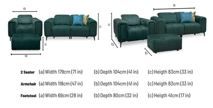 'Elphaba' Opulence Bottle Green Velvet Fabric Set - 2 Seater Power Recliner Sofa with Storage Arms + Power Chair & Storage Footstool