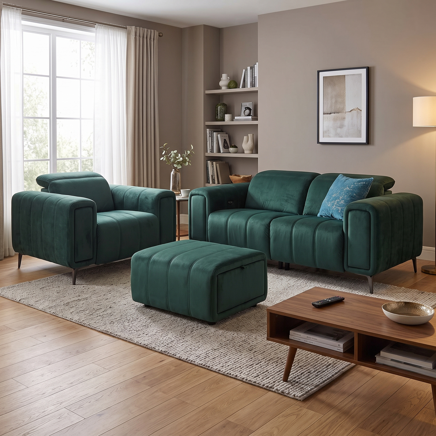 'Elphaba' Opulence Bottle Green Velvet Fabric Set - 2 Seater Power Recliner Sofa with Storage Arms + Power Chair & Storage Footstool
