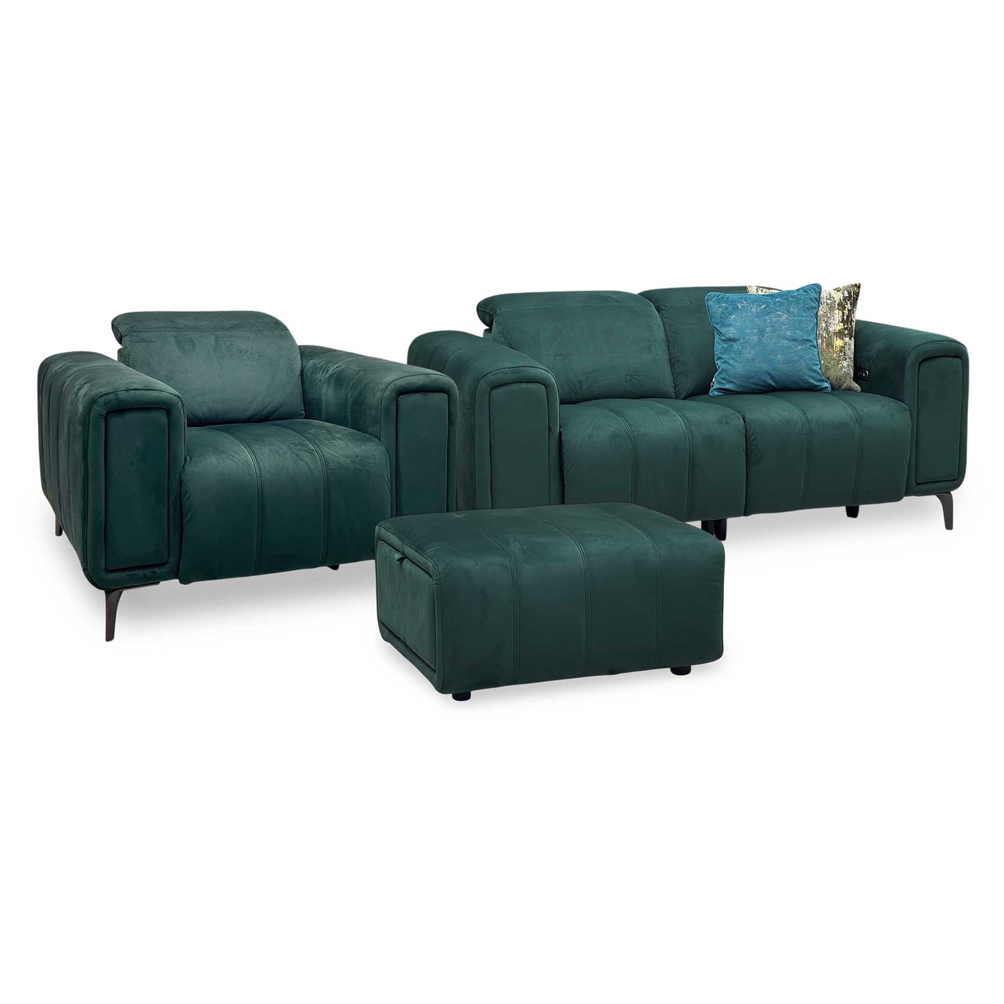 'Elphaba' Opulence Bottle Green Velvet Fabric Set - 2 Seater Power Recliner Sofa with Storage Arms + Power Chair & Storage Footstool