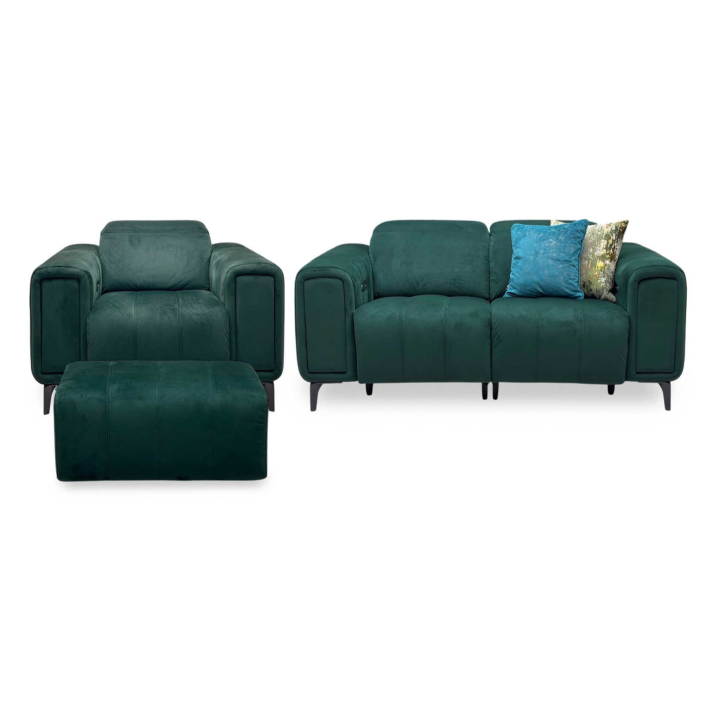 'Elphaba' Opulence Bottle Green Velvet Fabric Set - 2 Seater Power Recliner Sofa with Storage Arms + Power Chair & Storage Footstool