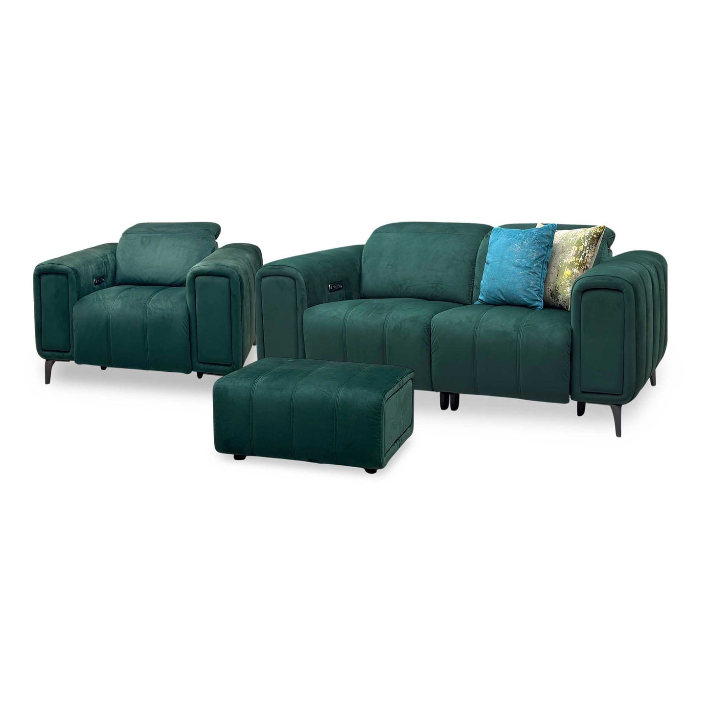 'Elphaba' Opulence Bottle Green Velvet Fabric Set - 2 Seater Power Recliner Sofa with Storage Arms + Power Chair & Storage Footstool