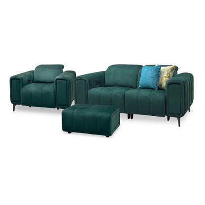 'Elphaba' Opulence Bottle Green Velvet Fabric Set - 2 Seater Power Recliner Sofa with Storage Arms + Power Chair & Storage Footstool