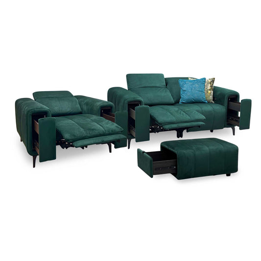 'Elphaba' Opulence Bottle Green Velvet Fabric Set - 2 Seater Power Recliner Sofa with Storage Arms + Power Chair & Storage Footstool