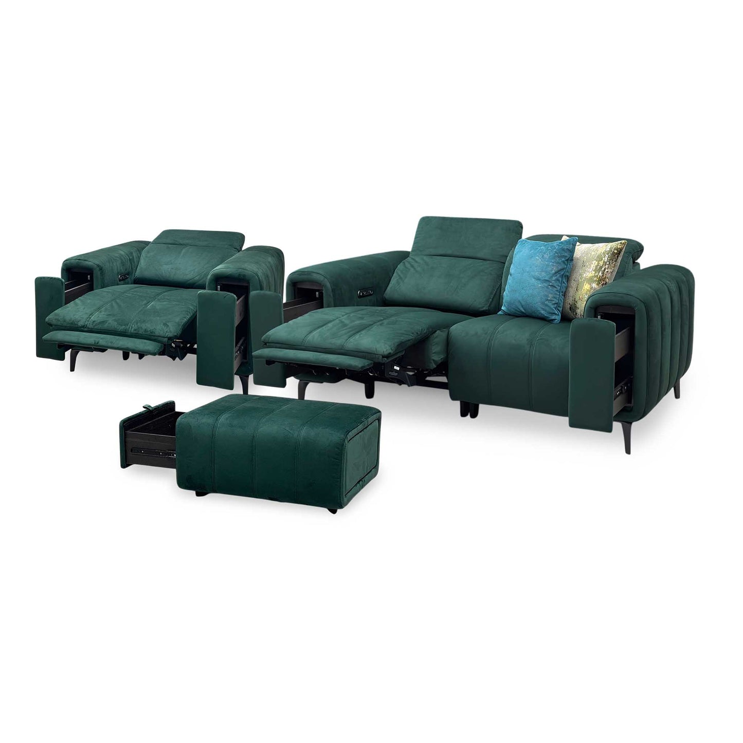 'Elphaba' Opulence Bottle Green Velvet Fabric Set - 2 Seater Power Recliner Sofa with Storage Arms + Power Chair & Storage Footstool
