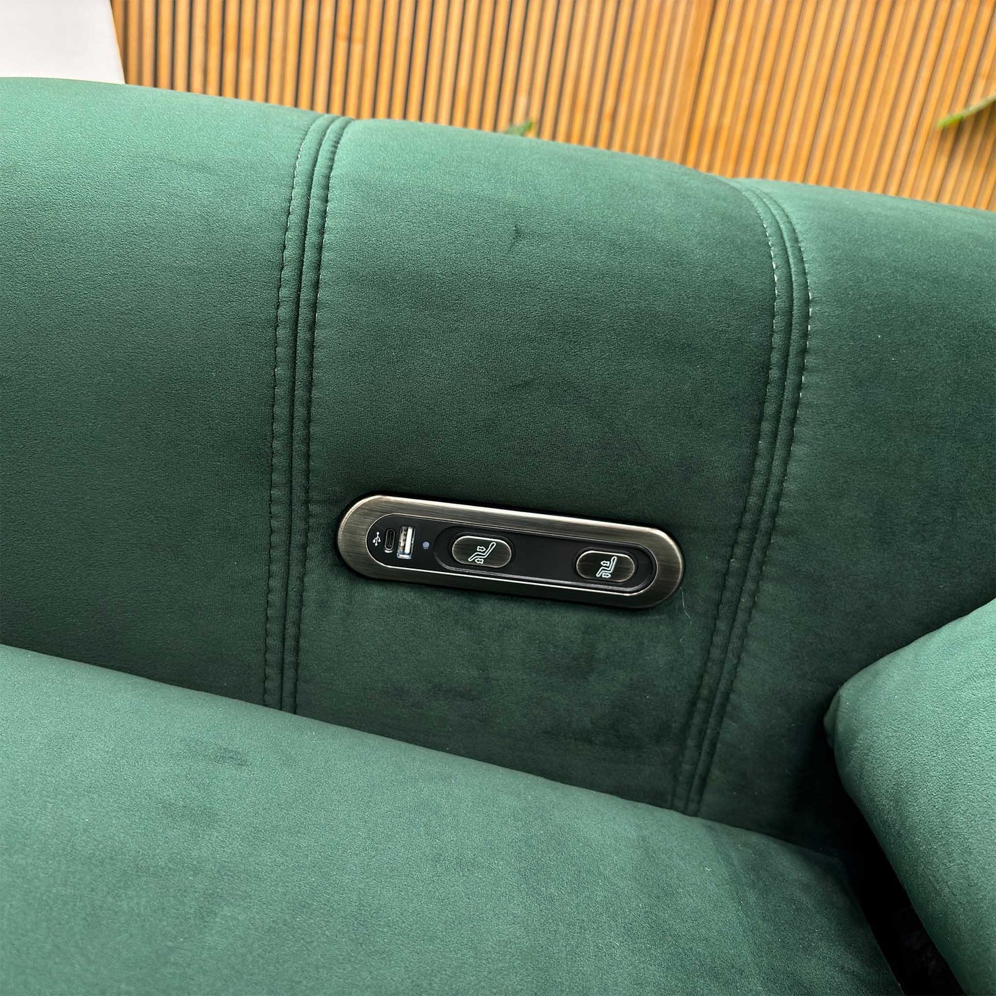 'Elphaba' Opulence Bottle Green Velvet Fabric Set - 2 Seater Power Recliner Sofa with Storage Arms + Power Chair & Storage Footstool