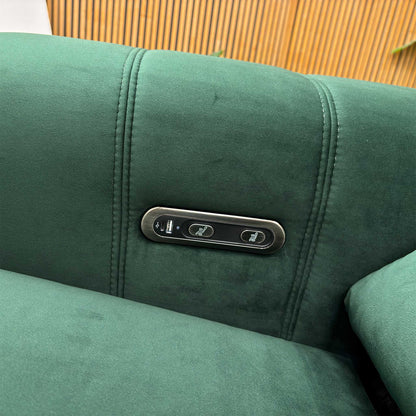 'Elphaba' Opulence Bottle Green Velvet Fabric Set - 2 Seater Power Recliner Sofa with Storage Arms + Power Chair & Storage Footstool