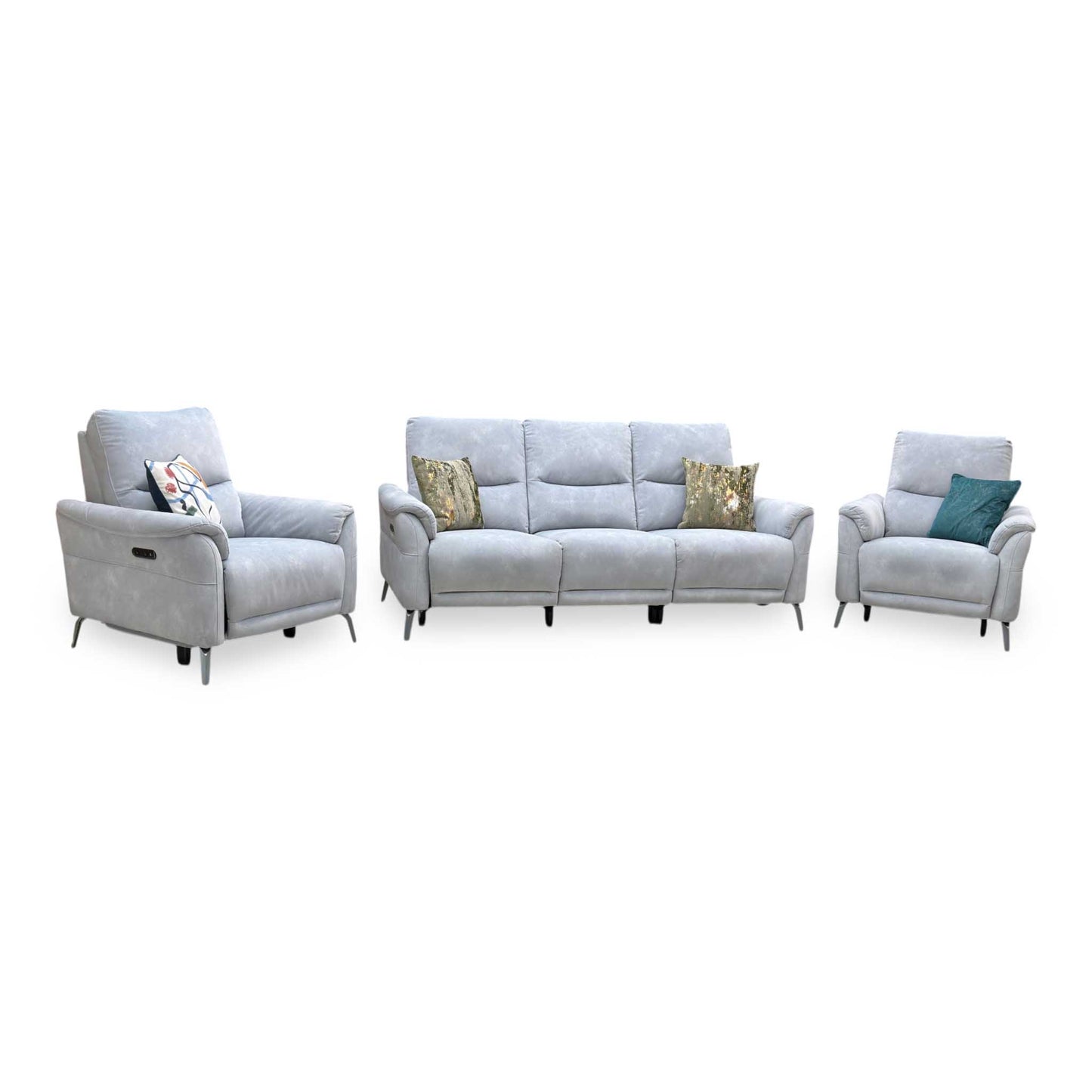 ‘Daytona’ Dexter Smoke Grey Velvet Fabric 3 Seater Power Recliner Sofa + Power Chair + Power Chair Furniture Village