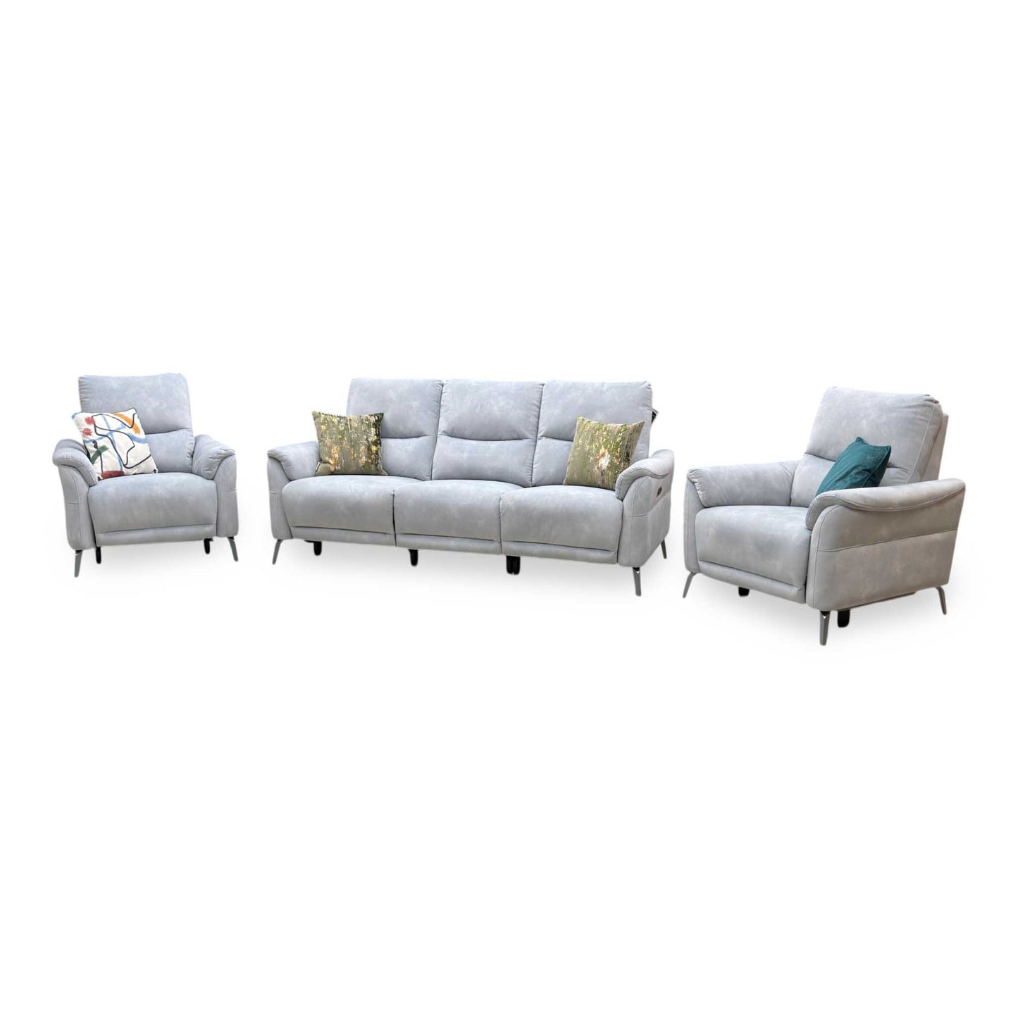 ‘Daytona’ Dexter Smoke Grey Velvet Fabric 3 Seater Power Recliner Sofa + Power Chair + Power Chair Furniture Village