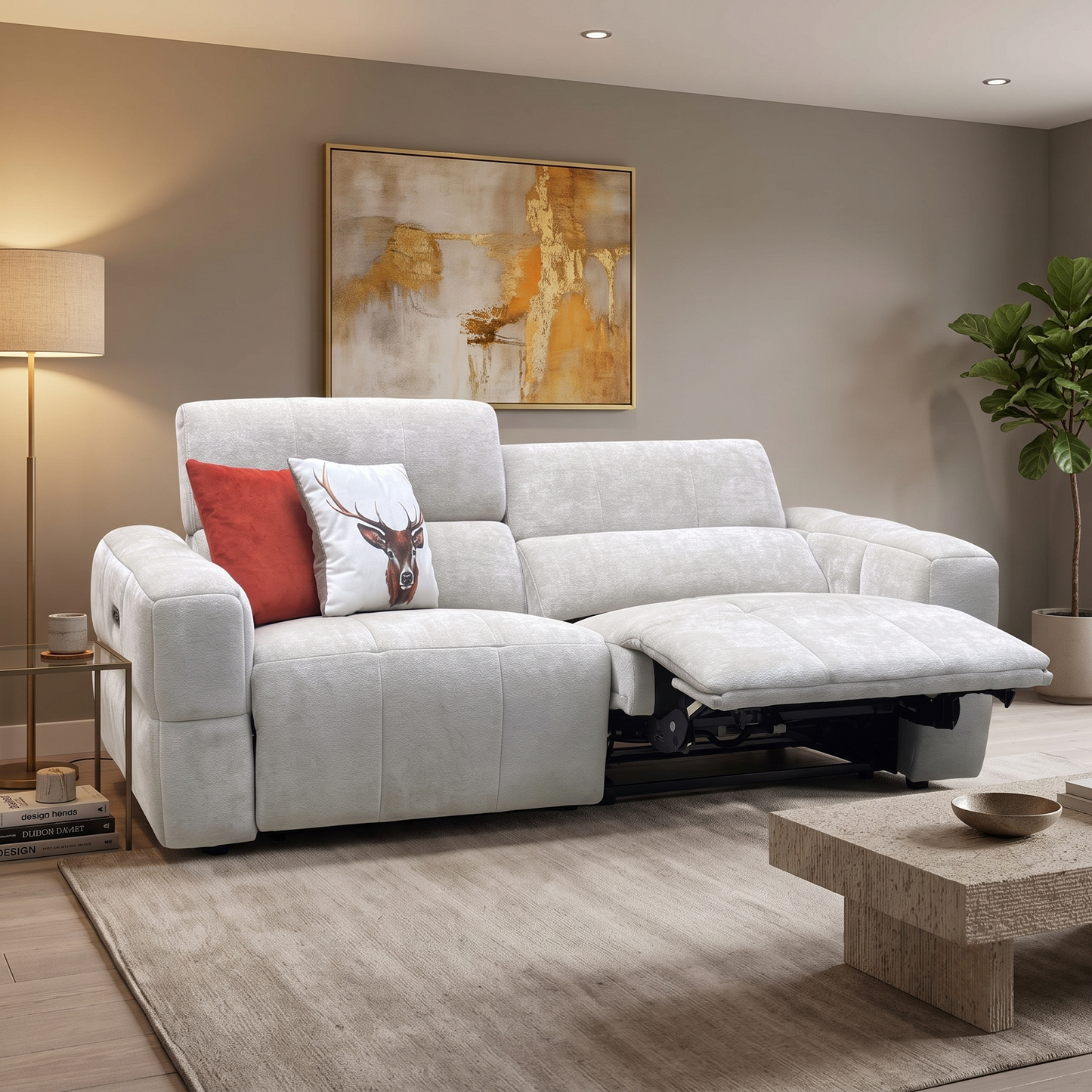 ‘Cube’ Hudson Mink Fabric 3 Seater Power Recliner Sofa with Power Headrests Furniture Village