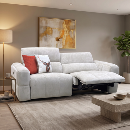‘Cube’ Hudson Mink Fabric 3 Seater Power Recliner Sofa with Power Headrests Furniture Village