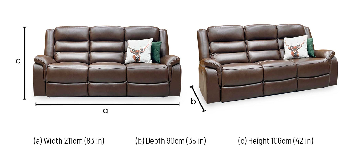 ‘Berlin’ Cognac Brown Leather 3 Seater Power Recliner Sofa Direct From Manufacturer