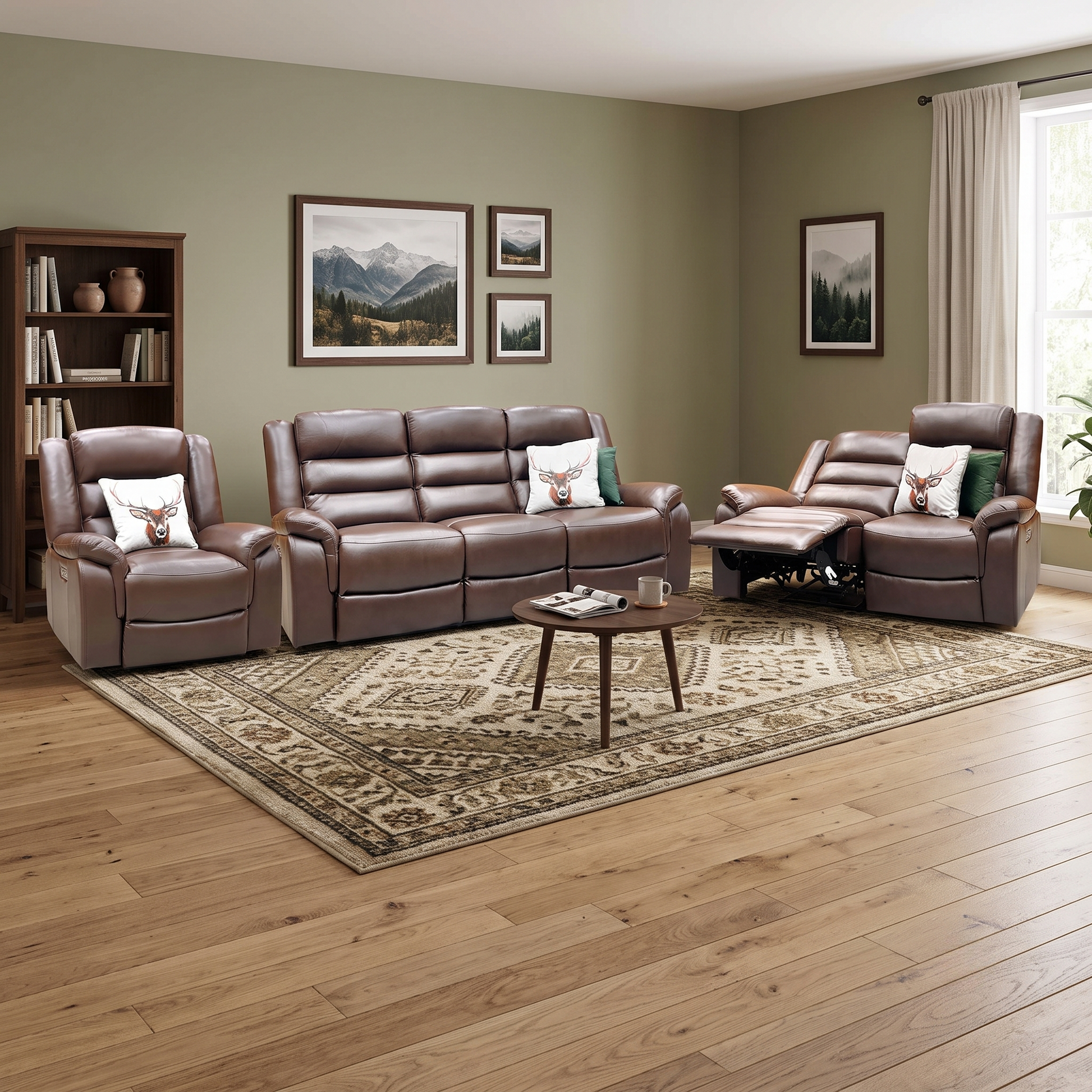 ‘Berlin’ Cognac Brown Leather 3 + 2 Seater Power Recliner with Power Armchair Sofa Set Direct From Manufacturer